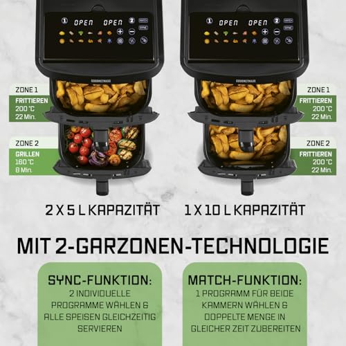 GOURMETmaxx FryUp XL vertikale Doppelkammer Heißluftfritteuse mit Sichtfenster - 12 L | Airfryer mit 9,6 Zoll Multi-Colour LED-Touchdisplay & 12 Programmen | Heißluftfritteuse 2 Kammern mit Oberhitze 6