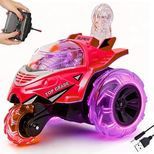 Image of Gooyo GY-0242 Rechargeable Stunt Car Toy for Kids with Tornado Rotation, Reverse Drive Function, Demo Mode, Lighting Effect & Music | Remote & USB Included | Power Source: in-Built Battery | Red