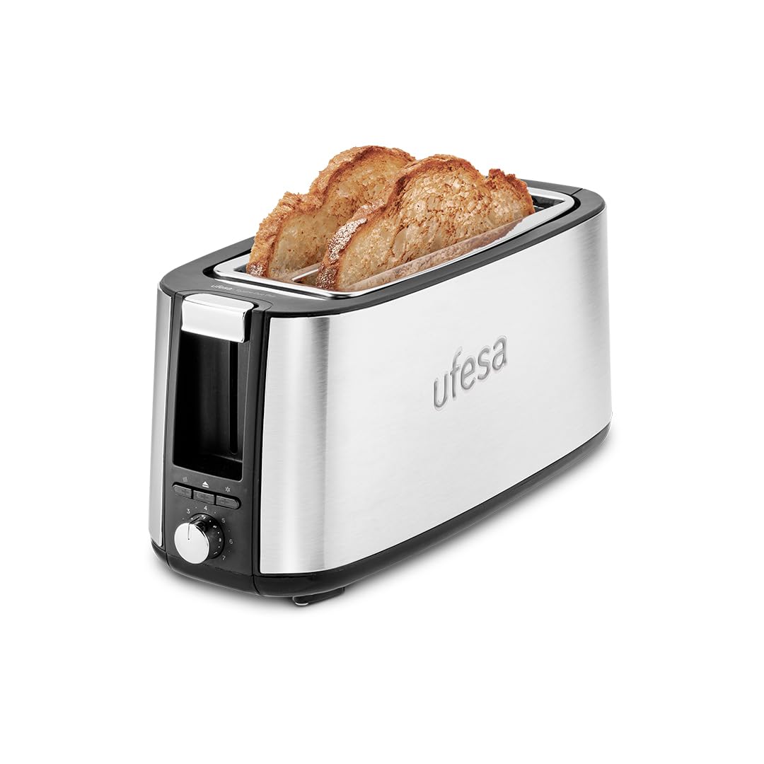 Ufesa Tostadora Toastie Duo Plus 1400W de Acero Inoxidable, 2 Ranuras Largas, 7 Niveles de Potencia, Funciones Recalentar/Descongelar/Cancelar y Bandeja Recogemigas Extraíble