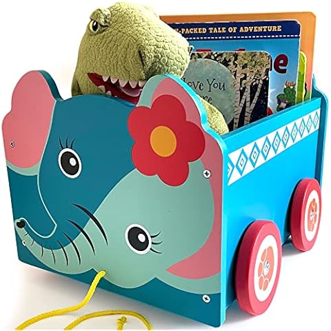 Toy Storage Box on Wheels | Storage Toy Box for Kids Bedroom Tidy | Wooden Kids Toy Box Pull Along Cart Elephant | Kids Storage Boxes and Children's Toy and Book Box Great Gift for Boys or Girls Cover
