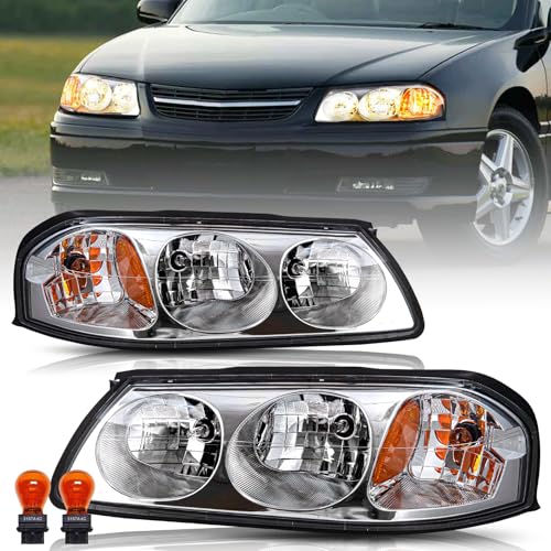 TUSDAR Fits For 2000-2005 Chevy Impala Headlight Assembly Replacement OE Style Chrome Housing Amber Reflector Driver and Passenger Side Factory Headlamp