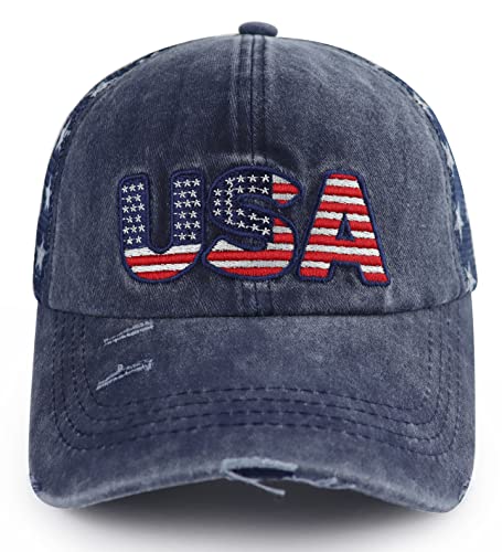 Image of American Flag Trucker Hat for Men Women, Adjustable Vintage Embroidery Washed Distressed USA Baseball Cap