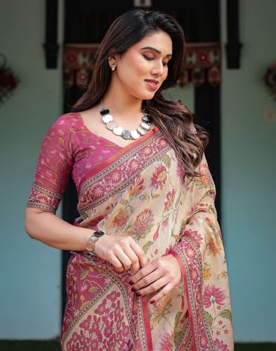Image of SIRIL Women's Cotton Linen Printed Handloom Saree with Unstitched Blouse Piece