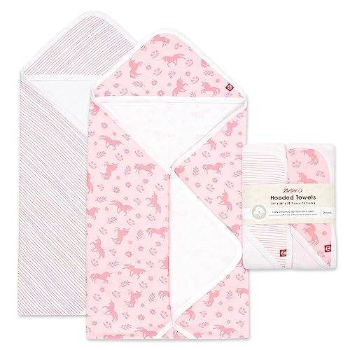 Image of Zutano Hooded Baby Towels, Organic Cotton Baby Bath Towel, Ultra Soft and Absorbent Baby Towel for Newborn and Infant | Girl, Boy, and Unisex Towel Set, Unicorn Meadows, 2-Pack