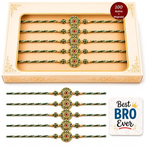 Image of eCraftIndia Pack of 100 Multicolor Flower Designer Rakhi for Brother Bhai Bhaiya | 100 Best Bro Ever Fridge Magnets Gift Combo Set | Roli Chawal Pack | Raksha Bandhan Floral Rakhi Collection