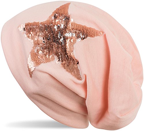 styleBREAKER Beanie Mütze mit Wendepailletten Stern Applikation, Slouch Longbeanie, Damen 04024141, Farbe:Rose