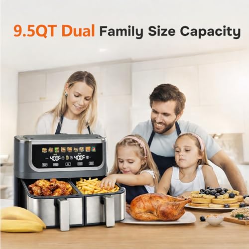 Image of Simple Deluxe 9.5-Qt Dual Basket Air Fryer, 10-in-1 Digital Preset 1700W Airfryer, Sync Cook, Independent Temp Control, Shake Reminder, Nonstick Basket, Grey