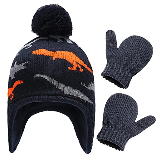 Fleece Hat for Baby Boy, Baby Beanie Hat,Warm Earflap Kids Caps Toddler Boys Children Winter Hat and Mitten Set (1-2 Years, Black Orange -3pcs)