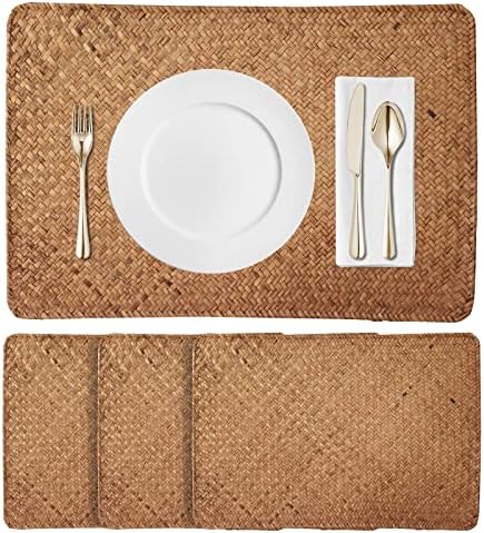 Rectangular Woven Placemats Set of 4, Natural Seagrass Place Mats, 17" x 12" Washable Non-Slip Heatproof Rattan Table Mats for Dining Table Decor(Brown Color)