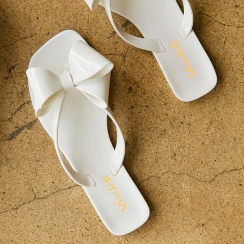 miss left Women Versatile Open Square Toe Flip Flops Double Bowknots Slip on Thong Sandal Flats Summer Beach Casual Indoor Outdoor Slipper Size 4-16 US3