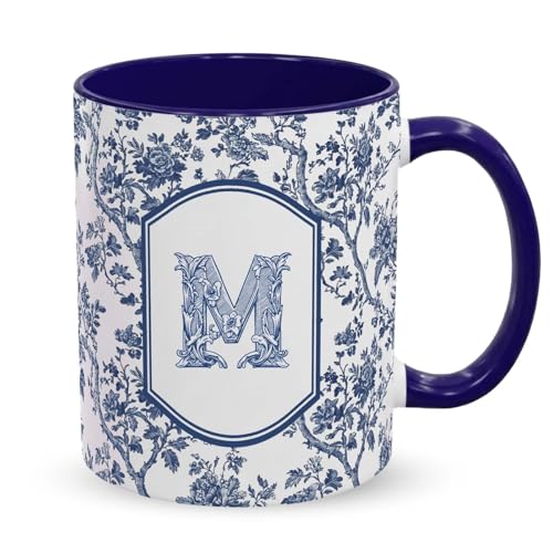 Blue Toile Letter M Mug, 11 oz French Floral Ceramic Coffee Cup Tea Cup with Initials, Personalized Birthday Gifts for Women Men Friend Friendship Unique Aesthetic Mug
