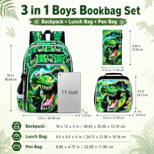 Image of 16 inch Dinosaur Backpack for Boys, 3Pcs Kids Bookbag with Lunch Box, School Backpacks for Elementary Preschool Kindergarten (Green)