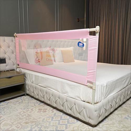 Image of Kids Station Baby Bed Rail Guard for Baby Safety - Sturdy and Adjustable Height - Portable Single Side Bed Rail - Toddler Product - (5ft x 2.6ft / 150cmx80cm), (1 Side, Pink, with Pocket)