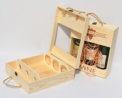 LANGUGU Country Rustic Finished Wood Cut Out Design Wine Champagne Holder Travel Case Carrier Storage/Modern Wine Bottle Crate Carring Box Creative Wedding Wine Gift Case (Three Bottles)