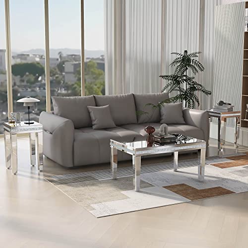 LUMISOL 3 Piece Mirrored Coffee Table Set with Crystal Design, Glass Rectangle Center Table and 2...