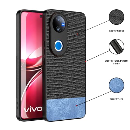 Image of Kapa Soft Fabric & Leather Hybrid Protective Back Cover for Vivo T4R / V50 / V50E 5G | Shockproof Slim Hard Anti Slip Back Case (Black,Blue)