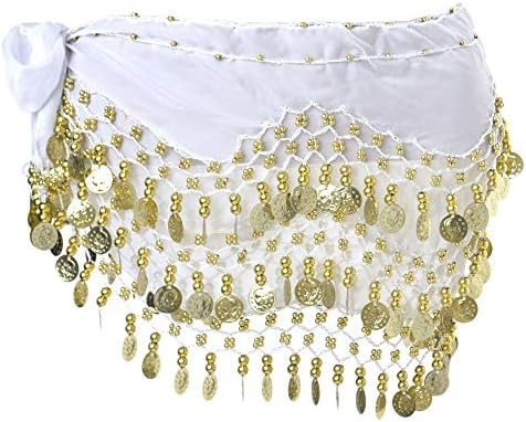 BellyLady Belly Dance Hip Scarf 158 Gold Coins Dance Skirt-White