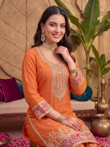 Image of INDO ERA Women's Silk Blend Embroidered Straight Kurta & Pant With Dupatta Set (IEOUT10592)