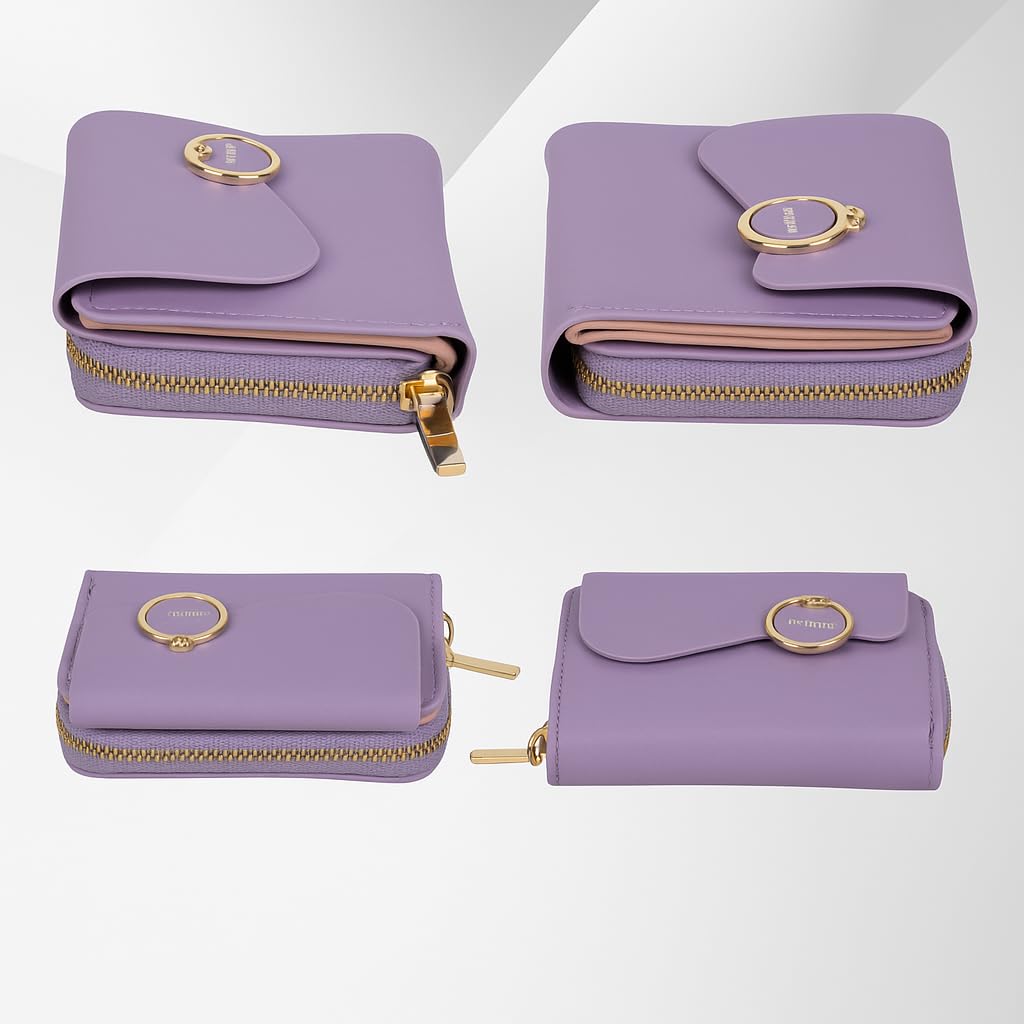PRANIJ Small Leather Bifold Wallet for Women Fashion Compact Slim Credit Card Holder with Zipper Coin Pocket, Mini Clutch Purse for Girls (Pale Purple) 2