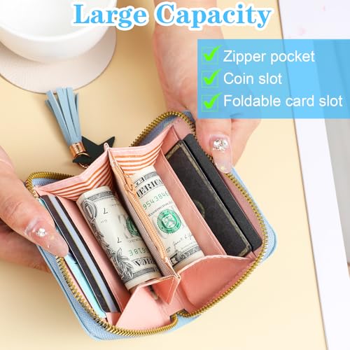 2 PCS Wallets for Girls, Small PU Leather Girls Wallets for Kids 6-8 with Zipper and Card Slots, Cute Credit Card Holder with Heart-embroidery Star Tassels Pendant for Kids Women (Blue, Pink)4