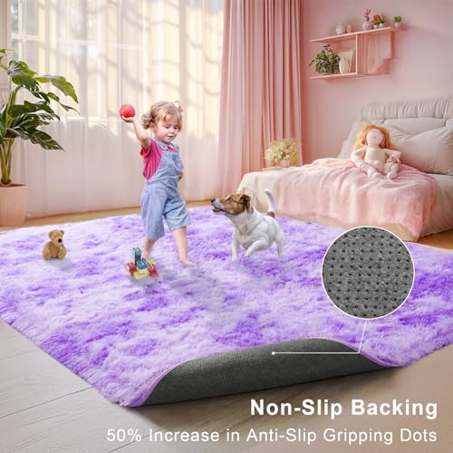 Purple 5x7 Fluffy Area Rug for Kids Playroom, Nursery Room Living Room