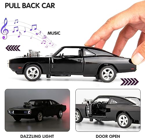 Image of Alloy Metal Pull Back Die-cast Car 1:32 Fast and The Furious Dodge Charger Diecast Metal Pullback Toy car with Openable Doors, Light Music Boys Gifts Toys for Kids -Black