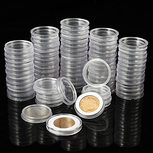 Caja de madera con 100 cápsulas plásticas para monedas 30mm miniatura 2