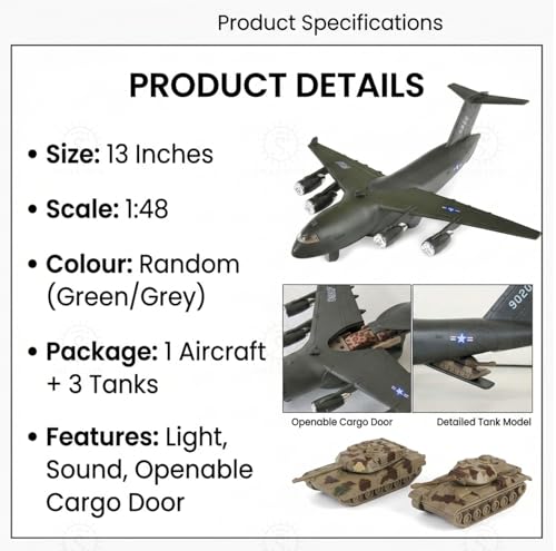 Image of SHAKTISM Military Boeing C-17 Transport Aircraft Model, 13 Inch, 1:48 Scale, with Lights, Sound Effects, Openable Cargo Door, 3 Tanks Inside Random Colour -1Pc (DL-181A)