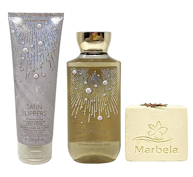 Satin Slippers Body Cream and Body Wash Bundle with a Creamy Rose Bar Soap - Full Size