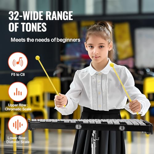 Image of VEVOR 32 Note Glockenspiel Xylophone Bell Kit, Professional Percussion Instrument Set with Mallets, Drum Sticks, Music Stand, Adjustable Stand and Carrying Bag for Students & Adults