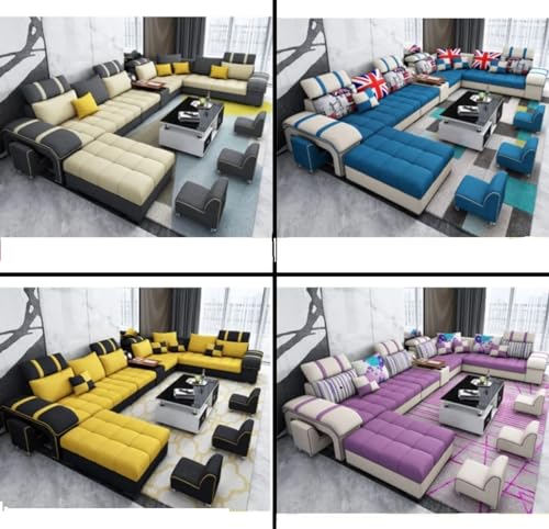 Image of Torque Galster 12 Seater Sofa Set for Living Room (Blue) | Interchangeable U Shape Sectional Sofa with Cup Holder & Storage | Solid Wood Frame & High-Density Supersoft Foam | Includes Puffy & Stool