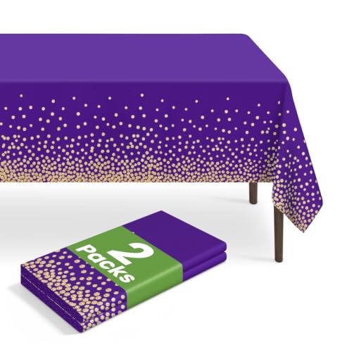 LIKAJON 2 Pack Disposable Purple and Gold Dot Tablecloth, 54 x 108 Inch