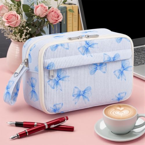 Image of WOBAGMEN Cute Pencil Case,Large Corduroy Zippered Pencil Case Pouch, aesthetic Pencil Bag with Compartments(Blue Bow)