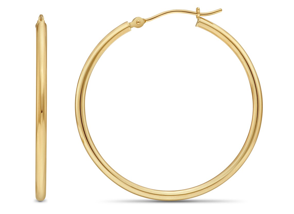 14k Yellow Gold Classic Shiny Polished Round Hoop Earrings, 2mm tube