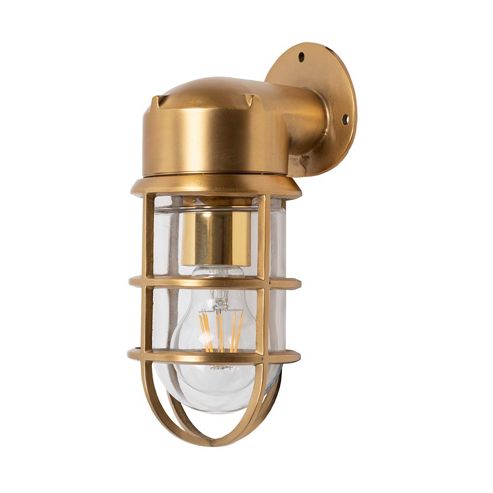 Lacquered Brass Outdoor Wall Light with Clear Glass & Solid Brass Body — Edison Bulb Display | Kemp Nautical IP66 Bathroom Wall Light by Soho Lighting | Garden Porch Coastal — W120 × H240mm