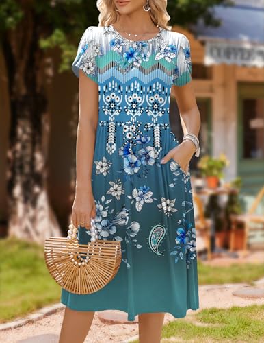 Image of HOTOUCH Women's Summer A-Line Midi Dresses 2026 Casual Floral Short Sleeve T-Shirt Dress Flowy Beach Sundress with Pockets