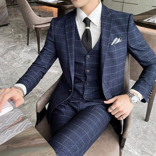 Men's Single Breasted Plaid Suit Notch Lapel Jacket & Vest & Pants Checked Tuxedos4