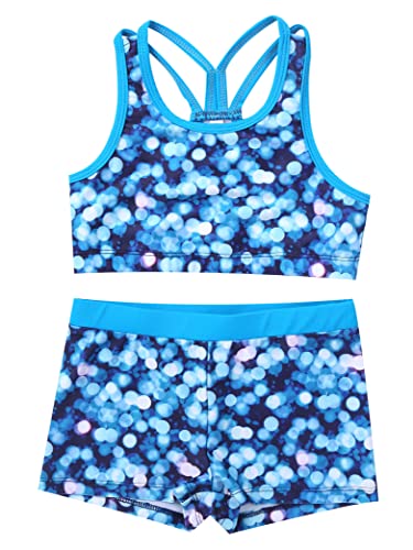 Kids Girls 2 Piece Sports Gymnastics Dance Outfits Crop Tank Top with Booty Shorts Active Workout Sets Cerulean 6 Years3