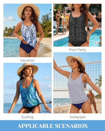 Image of Yonique Women Vintage Chevron 2 Piece Ruched Padded Tankini Set Flyaway Top With Triangle Brief Bottom Bathing Suit