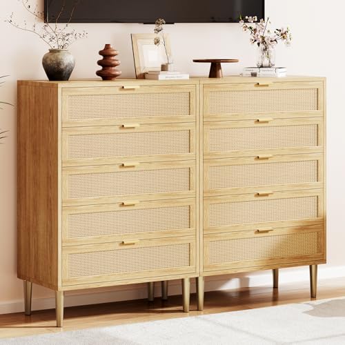 GarveeHome Rattan 5 Drawer Dresser, 44'' Tall Narrow Chest of Drawer, Farmhouse Wooden Vertical Dresser with Metal Legs and Handles, Modern Cabinet for Bedroom, Living Room, Oak