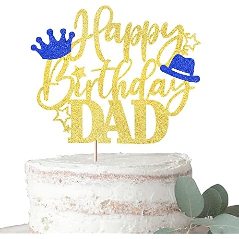Rsstarxi 1 Pack Happy Birthday Dad Cake Topper with Glitter Crown Hat Love Father Best Dad Birthday Cake Pick for Happy Father's Day Theme Dad Birthday Party Cake Decorations Supplies Gold Cover