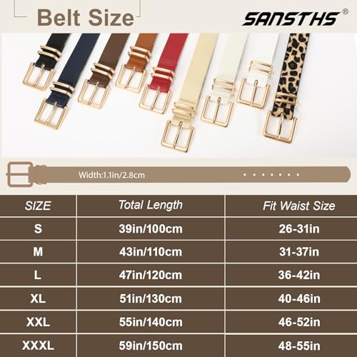 SANSTHS 3 PACK Women Leather Belts for Jeans Pants Dresses Fashion Ladies Waist Belt with Gold Square Buckle 6