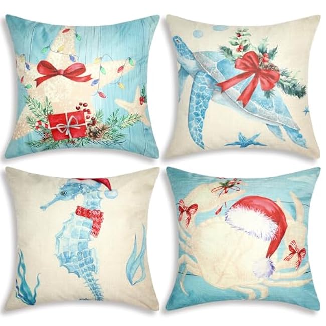 4 Pcs Christmas Sealife Coastal Pillow Covers Coastal Christmas Decoration Linen Throw Pillow Covers Sea Ocean Nautical Decorative Pillowcase for Couch Outdoor Sofa Living Room(18 Inch)