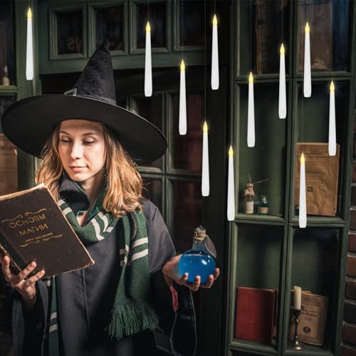 Image of Eebuss Flameless Floating Candles with Magic Wand, 20 Pcs Hanging Flickering LED Taper Candles, Battery Operated Taper Candle with Remote for Children Gift Halloween Decor (White)