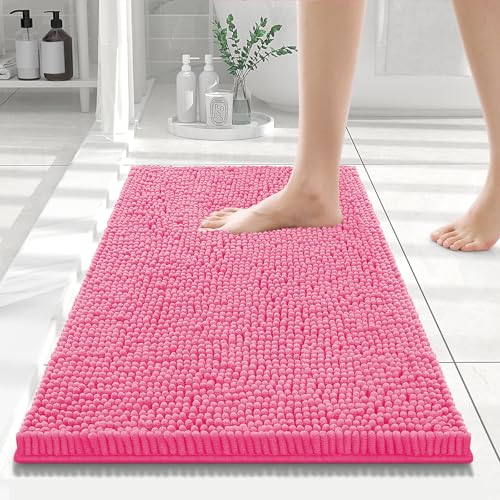 Smiry Luxury Chenille Bathroom Rugs 24x16, Extra Soft and Absorbent Shaggy Bath Mat, Machine Washable, Non-Slip Plush Carpet Runner for Tub, Shower, and Floor, Home Decor Accessories, Hot Pink
