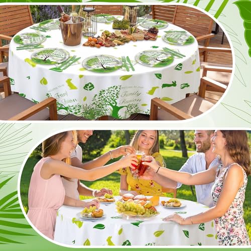 Image of Ganeen 6 Pcs Family Reunion Tablecloths Party Decorations 84 Inch Family Tree Reunion Green Tree Tablecloths Disposable Plastic Round Waterproof Table Covers for Spring Holiday Gathering Party Supply