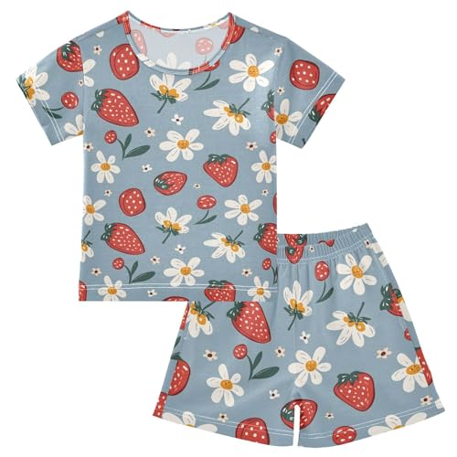 ALAZA Cartoon Flower Strawberry Retro Pajamas Short Sleeve 2 Piece Sleepwear Top and Bottom Pajama Set Unisex