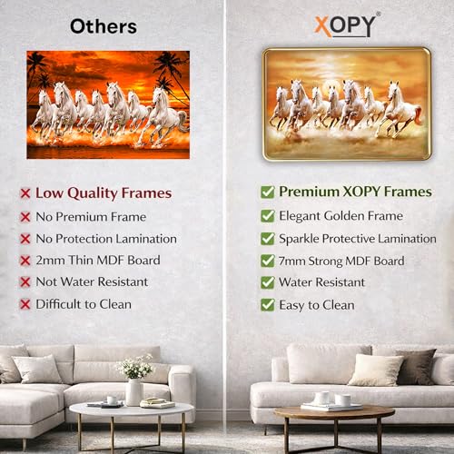 Image of XOPY Seven Running Horses with Golden Frame | Vastu 7 horses Raw Pyrite Painting for Home, Office & Living Room Wall Decore | 12X18 Inch Sparkle Laminated Frame | Best For Gifting (3056, 12X18)