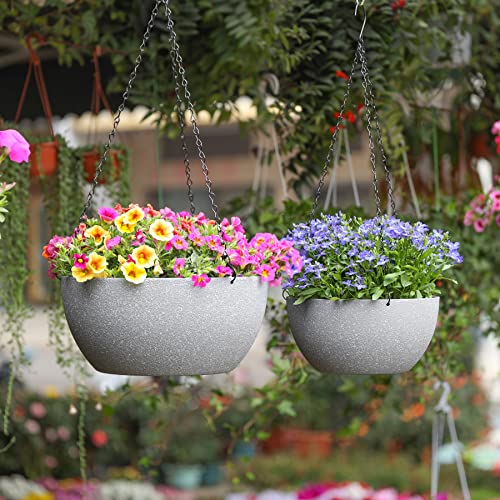 T4U 10 Inch Hanging Planters For Indoor Outdoor Plants - 2 Pack Plastic Hanging Plant Basket With Drainage Hole, Round Hanging Flower Plant Pot For Garden Home Decor (Grey) #TOP1