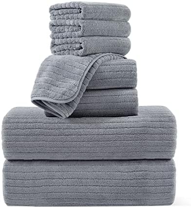 Oversized Bath Towels Set, 2 Extra Large Bath Towels, 2 Hand Towels and 4 Washcloths, Microfiber-Lightweight, Soft, Quick Dry, Super Absorbent, Ribbed Design Bath Sheets for Bathroom